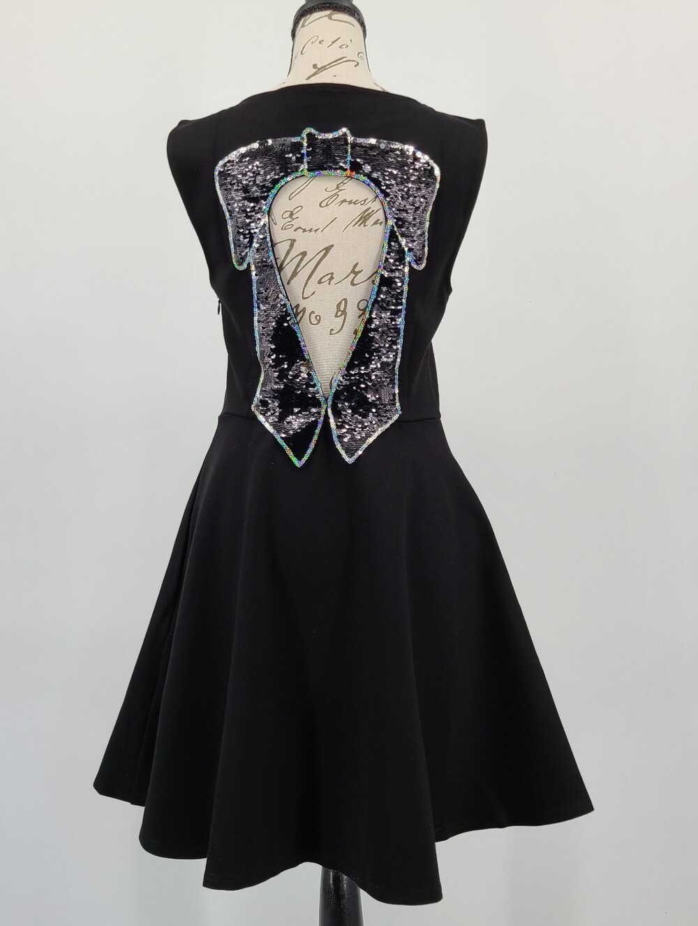 ModCloth Black Fit & Flare Dress with Iridescent Sequin Cut Out Back Size Medium